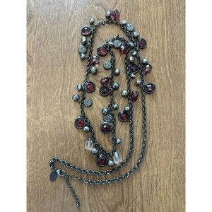 White House Black Market Necklace Red Rhinestone 20” Silver Tone Gray Accents